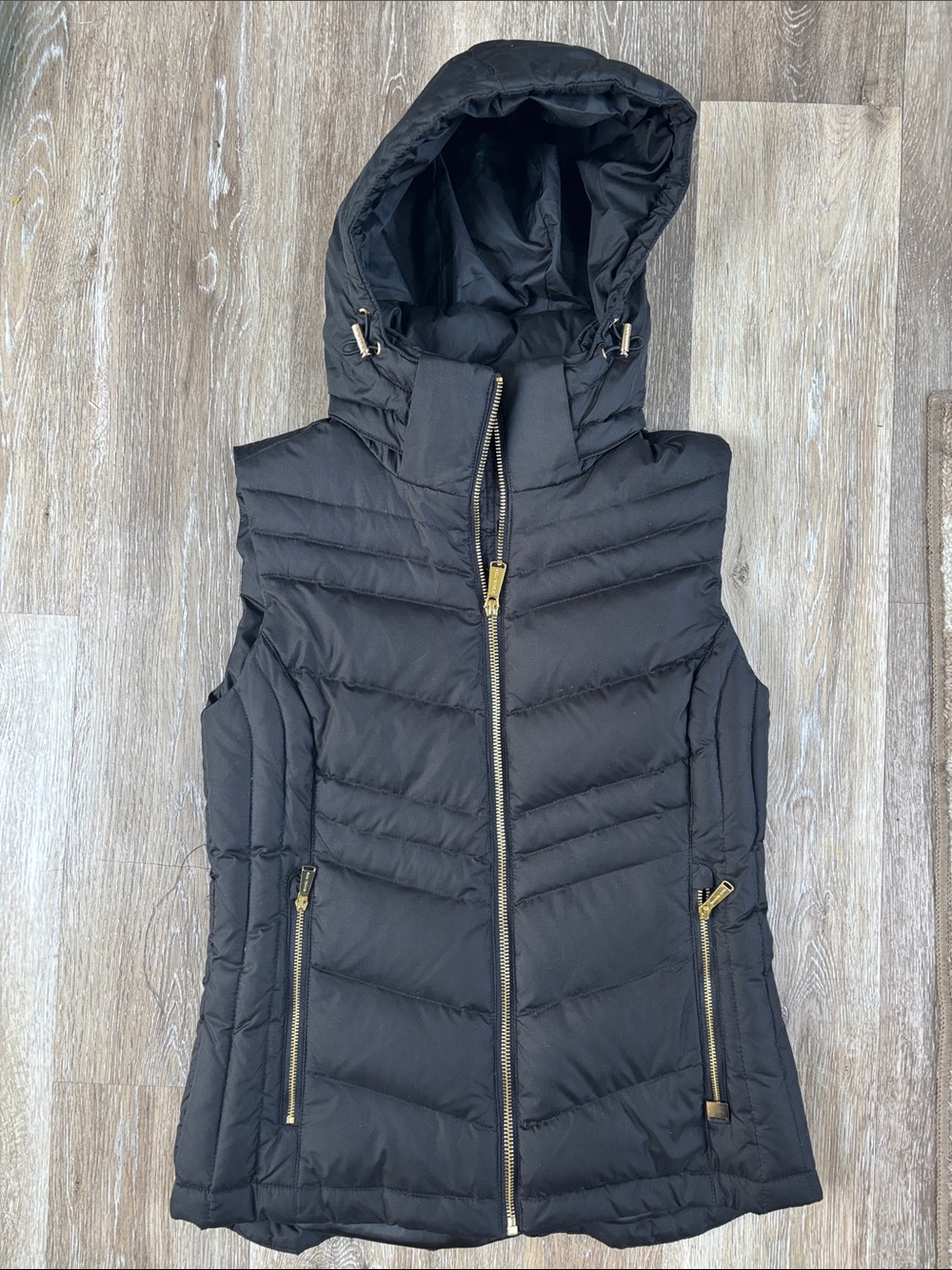 MICHAEL Michael Kors Black Quilted Hooded Puffer Vest with Gold Hardware